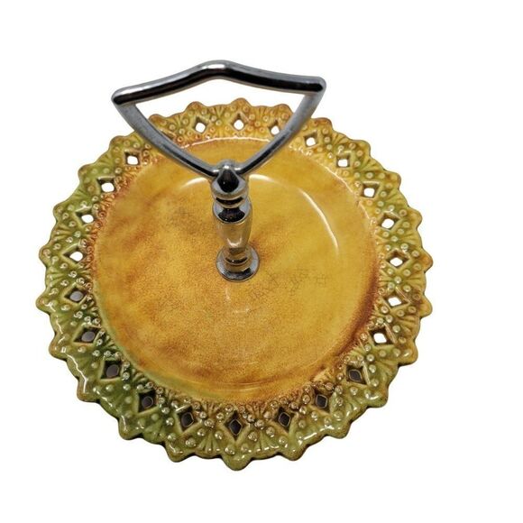 Vintage Mid Century Modern Tidbit Trays Serving Dish Mustard Avocado Top Handle - Picture 1 of 7